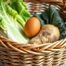 A realistic photograph of a shopping basket filled with a fresh egg, a potato, and cabbage