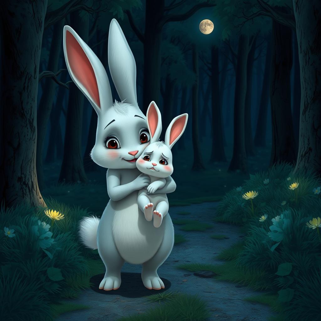 At night, on a forest path, a mother rabbit holds her little white rabbit tightly as they head to the hospital