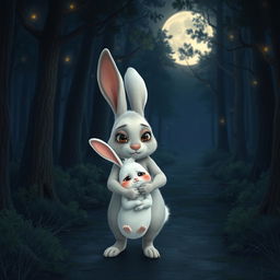 At night, on a forest path, a mother rabbit holds her little white rabbit tightly as they head to the hospital