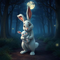 At night, on a forest path, a mother rabbit holds her little white rabbit tightly as they head to the hospital