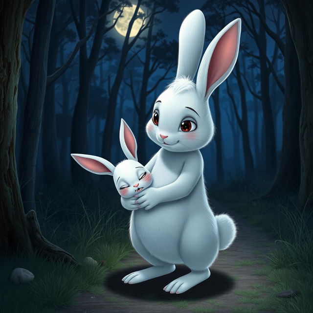 At night, on a forest path, a mother rabbit holds her little white rabbit tightly as they head to the hospital