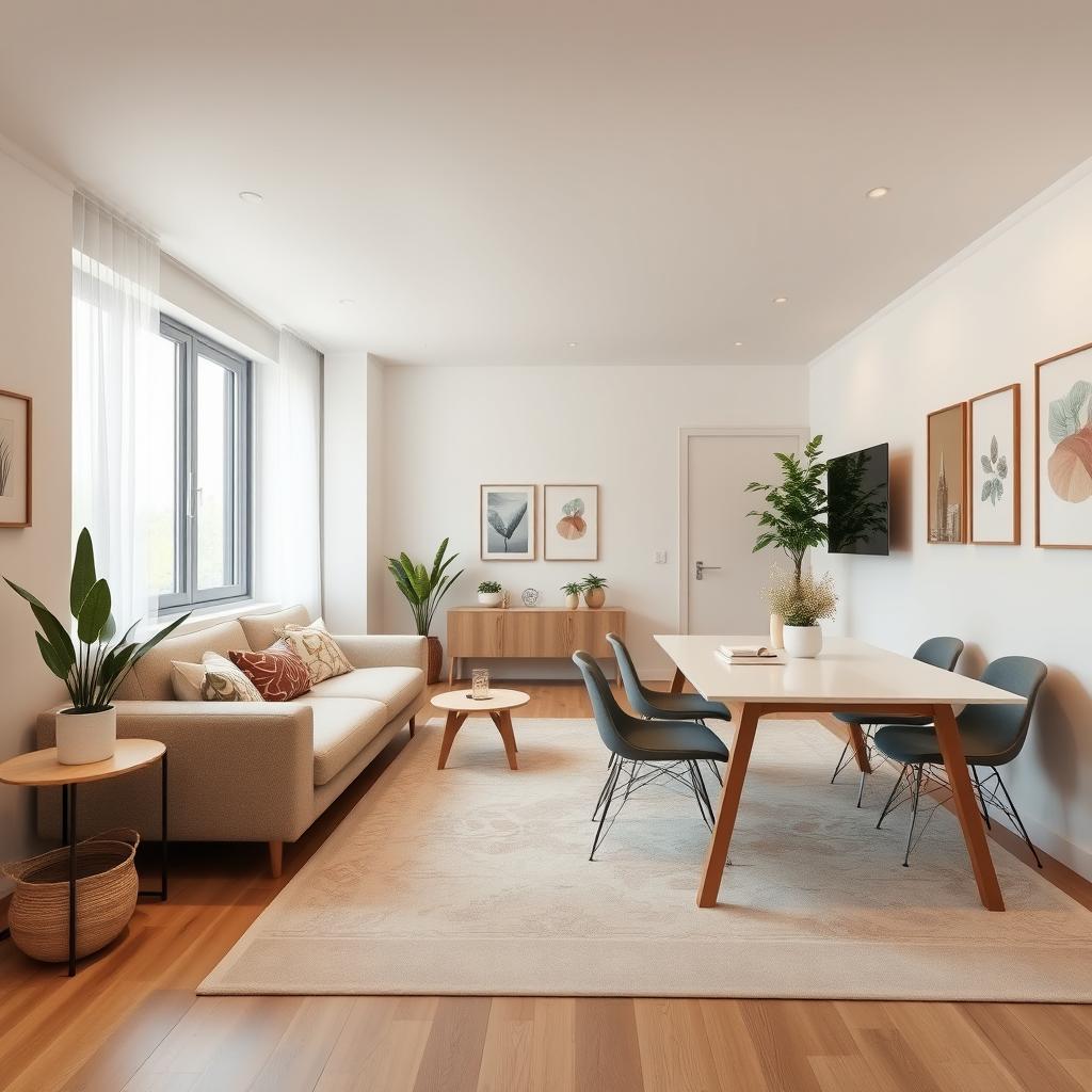 A cozy living-dining room measuring 7 meters long by 3 meters wide, featuring a large window at the far end that illuminates the space with natural light