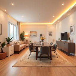 A cozy living-dining room measuring 7 meters long by 3 meters wide, featuring a large window at the far end that illuminates the space with natural light