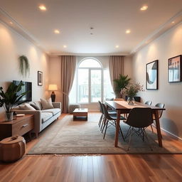 A cozy living-dining room measuring 7 meters long by 3 meters wide, featuring a large window at the far end that illuminates the space with natural light