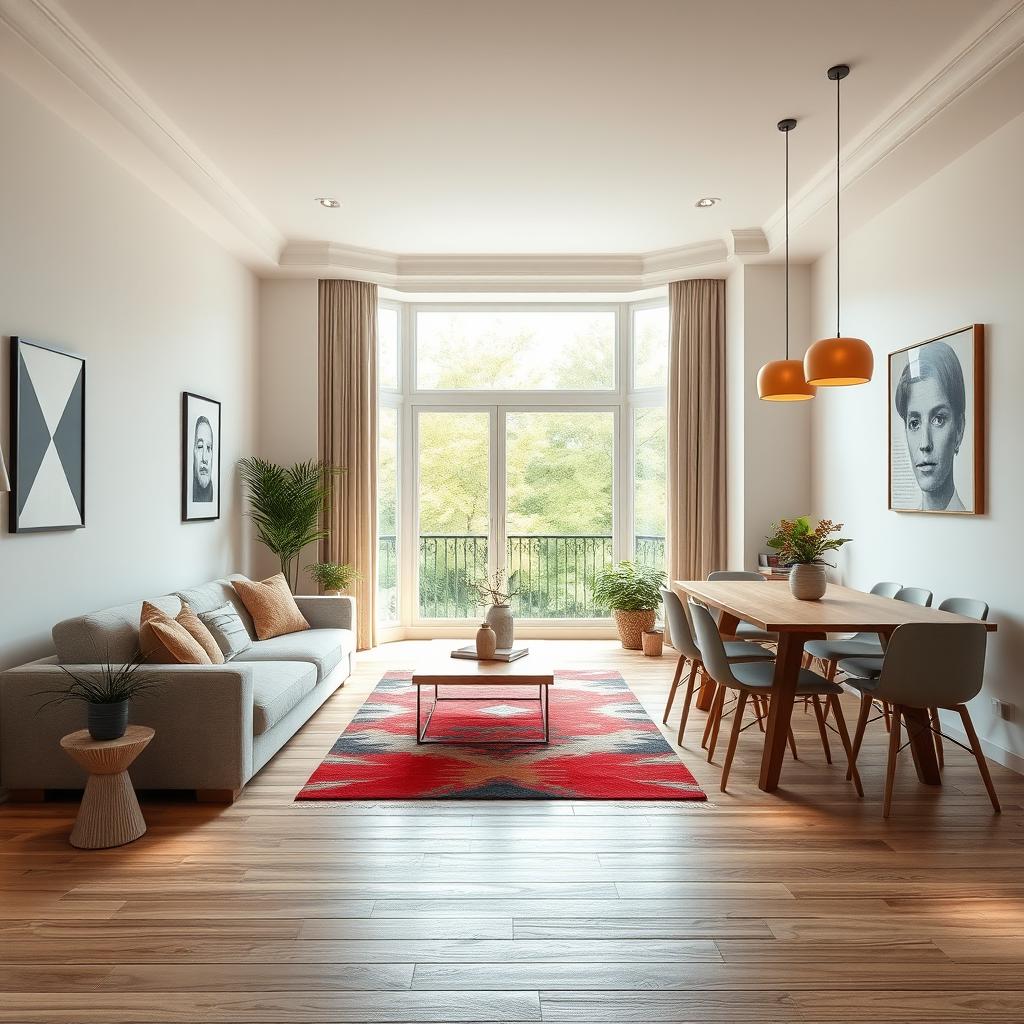 A stylish living-dining room measuring 7 meters long by 3 meters wide, featuring a large window at the far end that allows ample natural light to flood the space