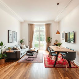 A stylish living-dining room measuring 7 meters long by 3 meters wide, featuring a large window at the far end that allows ample natural light to flood the space