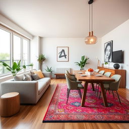 A stylish living-dining room measuring 7 meters long by 3 meters wide, featuring a large window at the far end that allows ample natural light to flood the space