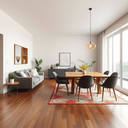 A stylish living-dining room measuring 7 meters long by 3 meters wide, featuring a large window at the far end that allows ample natural light to flood the space