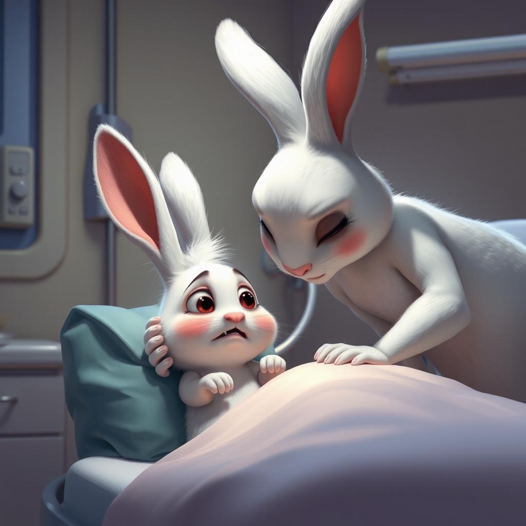 At night in a hospital, a mother rabbit tenderly cares for her little white rabbit who is lying in a hospital bed