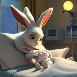 At night in a hospital, a mother rabbit tenderly cares for her little white rabbit who is lying in a hospital bed