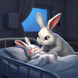 At night in a hospital, a mother rabbit tenderly cares for her little white rabbit who is lying in a hospital bed