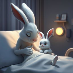 At night in a hospital, a mother rabbit tenderly cares for her little white rabbit who is lying in a hospital bed