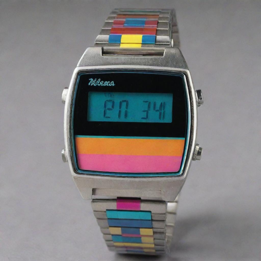 A retro, digital watch from the 1980s featuring a bright, colorful display and a metallic band.