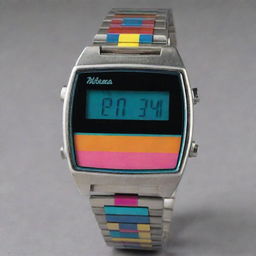 A retro, digital watch from the 1980s featuring a bright, colorful display and a metallic band.