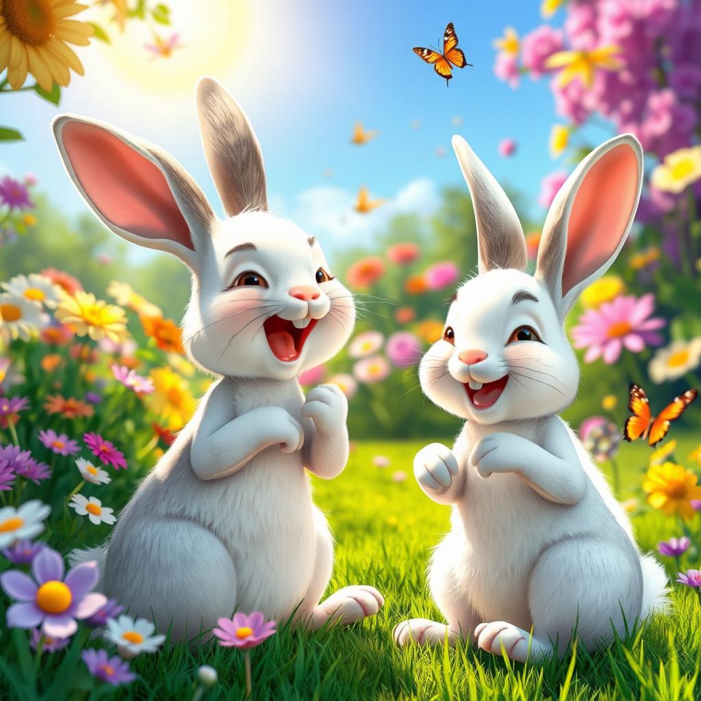 On a sunny morning, a mother rabbit joyfully plays with her little white rabbit in a vibrant garden filled with colorful flowers