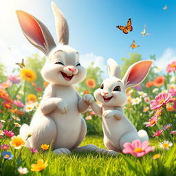 On a sunny morning, a mother rabbit joyfully plays with her little white rabbit in a vibrant garden filled with colorful flowers