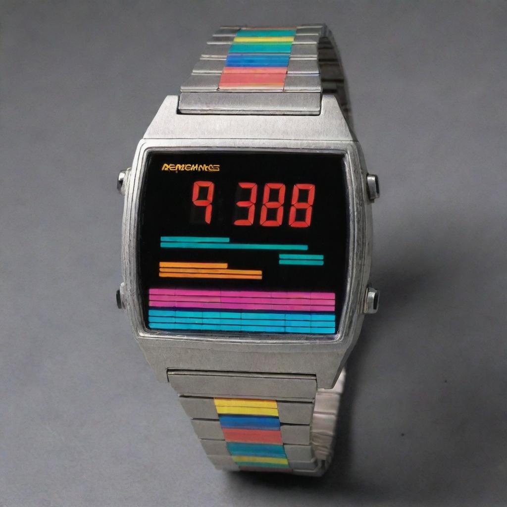 A retro, digital watch from the 1980s featuring a bright, colorful display and a metallic band.