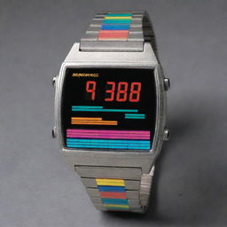 A retro, digital watch from the 1980s featuring a bright, colorful display and a metallic band.