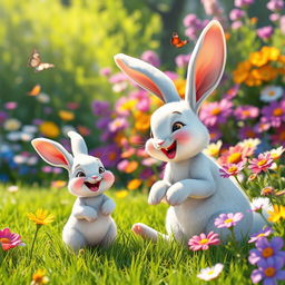 On a sunny morning, a mother rabbit joyfully plays with her little white rabbit in a vibrant garden filled with colorful flowers