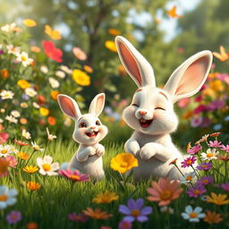 On a sunny morning, a mother rabbit joyfully plays with her little white rabbit in a vibrant garden filled with colorful flowers