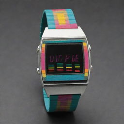 A retro, digital watch from the 1980s featuring a bright, colorful display and a metallic band.