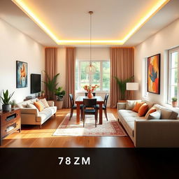 A beautifully designed living-dining room measuring 7 meters long by 3 meters wide, showcasing a large window at the far end that floods the space with natural light