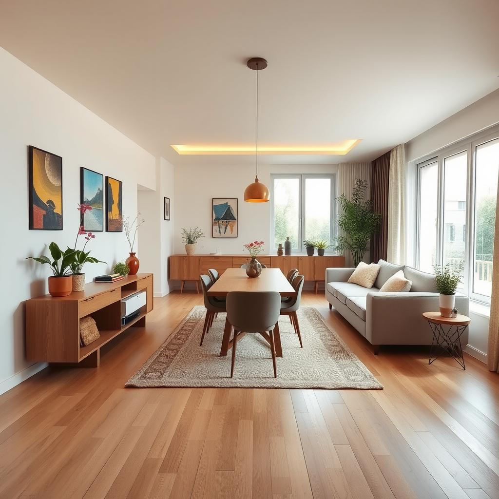 A beautifully designed living-dining room measuring 7 meters long by 3 meters wide, showcasing a large window at the far end that floods the space with natural light