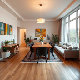 A beautifully designed living-dining room measuring 7 meters long by 3 meters wide, showcasing a large window at the far end that floods the space with natural light