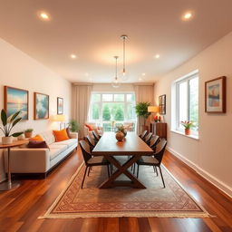 A beautifully designed living-dining room measuring 7 meters long by 3 meters wide, showcasing a large window at the far end that floods the space with natural light