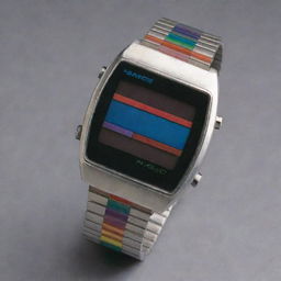 A retro, digital watch from the 1980s featuring a bright, colorful display and a metallic band.