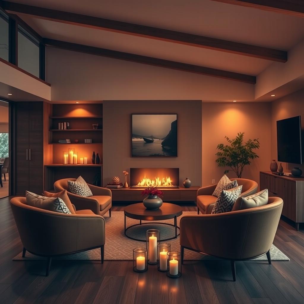 A modern living room featuring warm colors and a cozy atmosphere