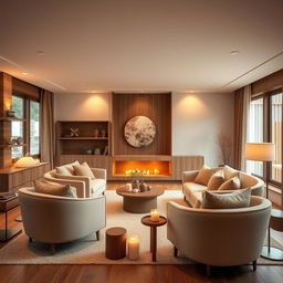 A modern living room featuring warm colors and a cozy atmosphere