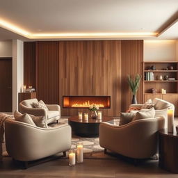 A modern living room featuring warm colors and a cozy atmosphere