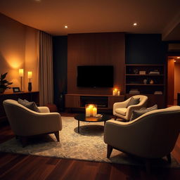 A modern living room with a semi-dark ambiance using warm colors to create a cozy feel