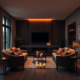 A modern living room with a semi-dark ambiance using warm colors to create a cozy feel