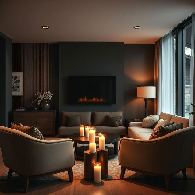 A modern living room with a semi-dark ambiance using warm colors to create a cozy feel