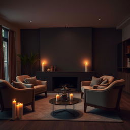 A modern living room with a semi-dark ambiance using warm colors to create a cozy feel