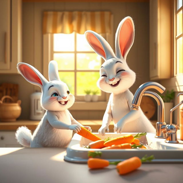 In the morning, a little white rabbit joyfully helps her mother rabbit wash carrots at the kitchen sink