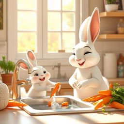 In the morning, a little white rabbit joyfully helps her mother rabbit wash carrots at the kitchen sink