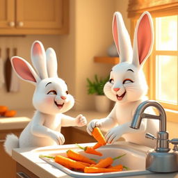 In the morning, a little white rabbit joyfully helps her mother rabbit wash carrots at the kitchen sink