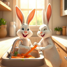 In the morning, a little white rabbit joyfully helps her mother rabbit wash carrots at the kitchen sink