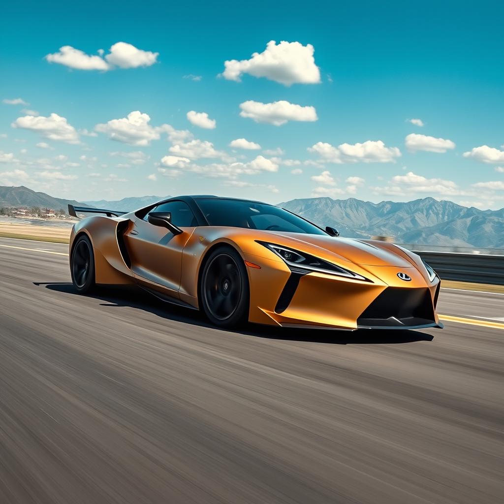 A striking fusion of a Corvette C8 and a Lexus LZ350e, showcasing a sleek and sporty design with a matte gold finish