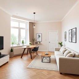 A contemporary living-dining room measuring 7 meters long by 3 meters wide, featuring a large window at the far end which offers a view outside, while the remaining walls are painted in a soothing neutral color