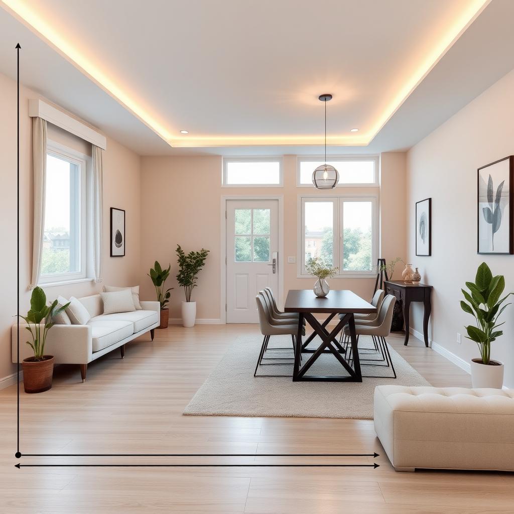 A contemporary living-dining room measuring 7 meters long by 3 meters wide, featuring a large window at the far end which offers a view outside, while the remaining walls are painted in a soothing neutral color