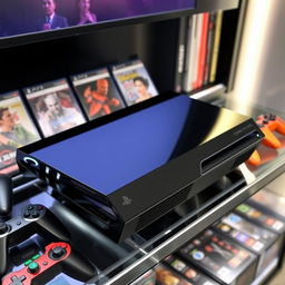 A sleek black gaming console, the Gamestation 3, showcasing its modern design with sharp edges and an elegant glossy finish