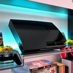 A sleek black gaming console, the Gamestation 3, showcasing its modern design with sharp edges and an elegant glossy finish