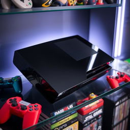 A sleek black gaming console, the Gamestation 3, showcasing its modern design with sharp edges and an elegant glossy finish