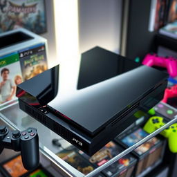 A sleek black gaming console, the Gamestation 3, showcasing its modern design with sharp edges and an elegant glossy finish