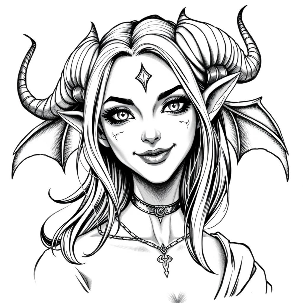 A portrait of a female tiefling character from Dungeons and Dragons, featuring elegant horns and an occult theme