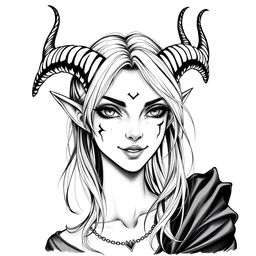 A portrait of a female tiefling character from Dungeons and Dragons, featuring elegant horns and an occult theme